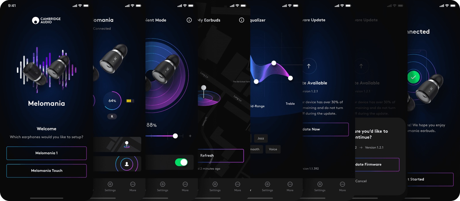 Melomania app screens for Cambridge Audio
